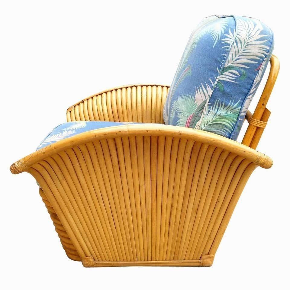 Mid-20th Century Restored Art Deco Rattan Fan Arm Lounge Chair with Ottoman For Sale