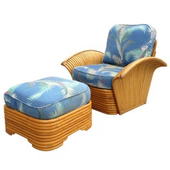 Vintage Restored Art Deco Rattan Fan Arm Lounge Chair with Ottoman, Super Rare