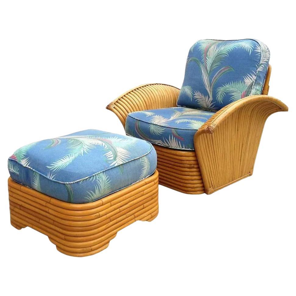 Restored Art Deco Rattan Fan Arm Lounge Chair with Ottoman