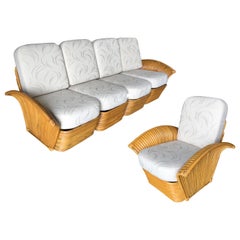 Vintage Restored Art Deco Rattan Fan Arm Four-Seat Sofa & Lounge Chair Livingroom Set