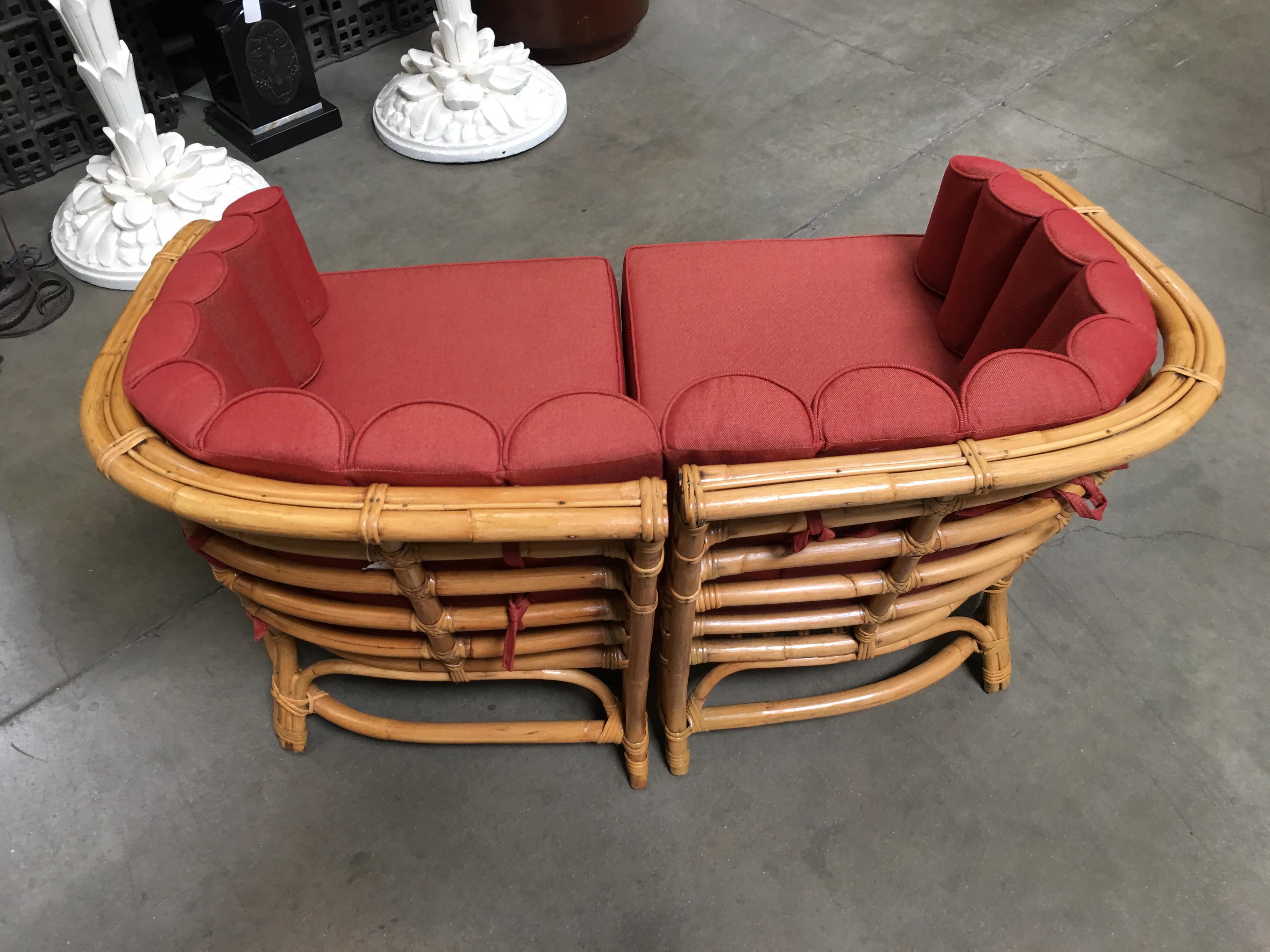 American Restored Art Deco Rattan Shell Back Rattan Sectional Loveseat Sofa For Sale