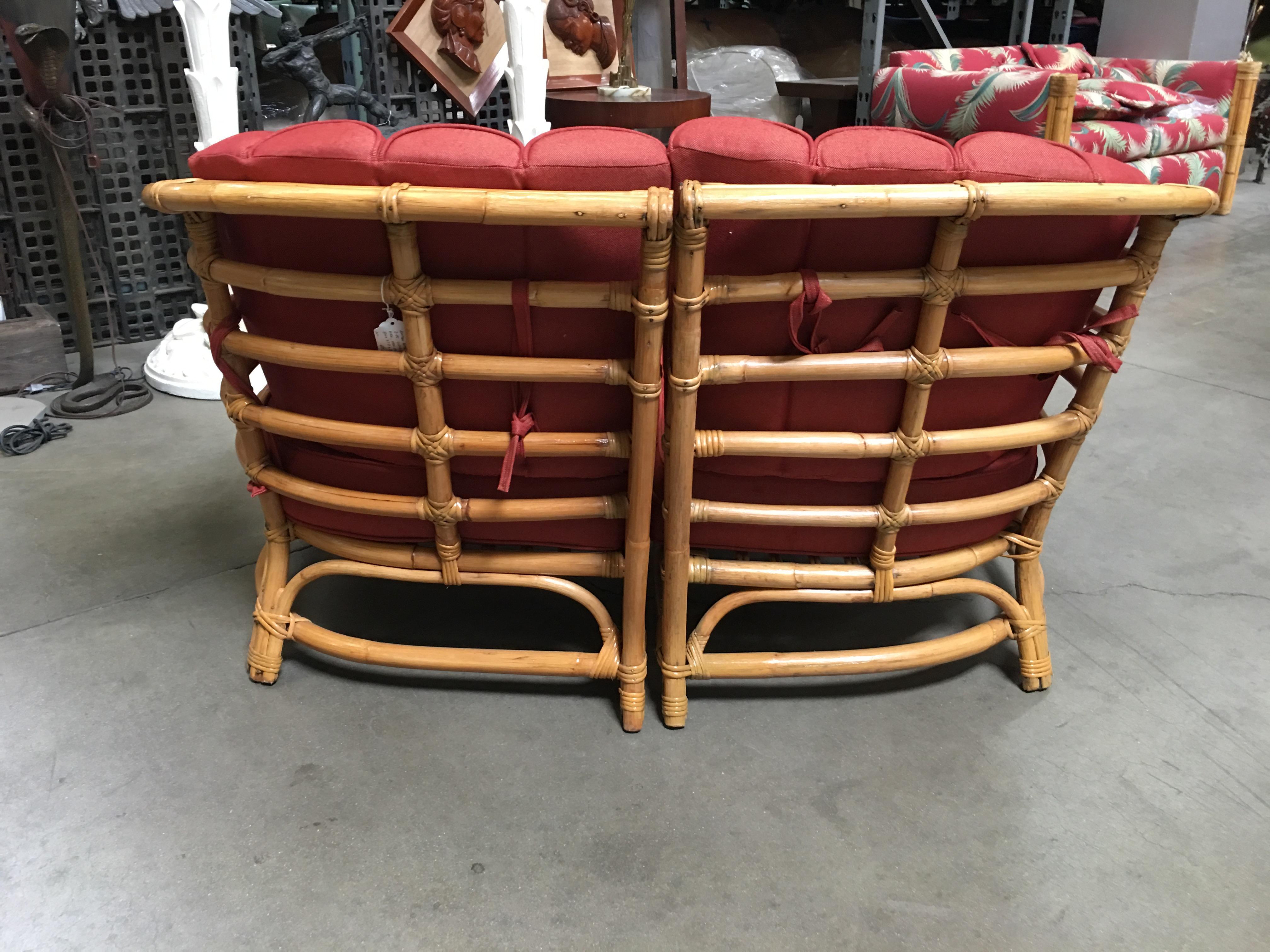 Mid-20th Century Restored Art Deco Rattan Shell Back Rattan Sectional Loveseat Sofa For Sale