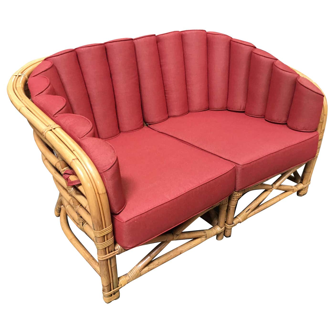 Restored Art Deco Rattan Shell Back Rattan Sectional Loveseat Sofa For ...