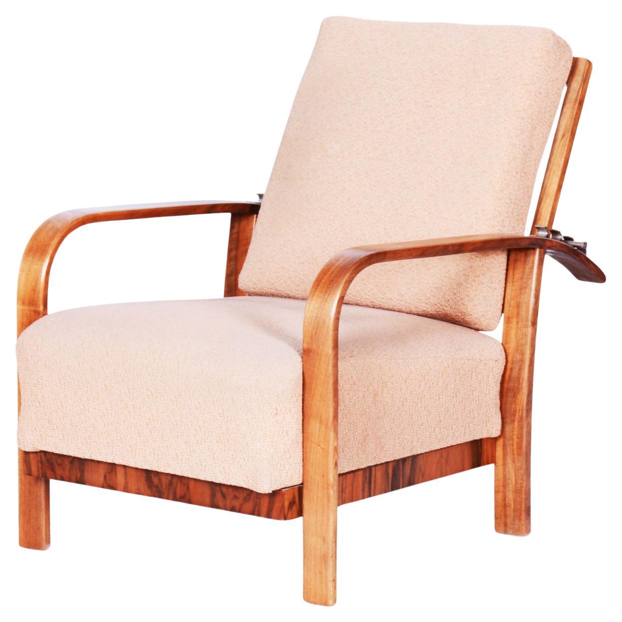 Restored Art Deco Reclining Armchair, Walnut, High Gloss, Czech. 1920s