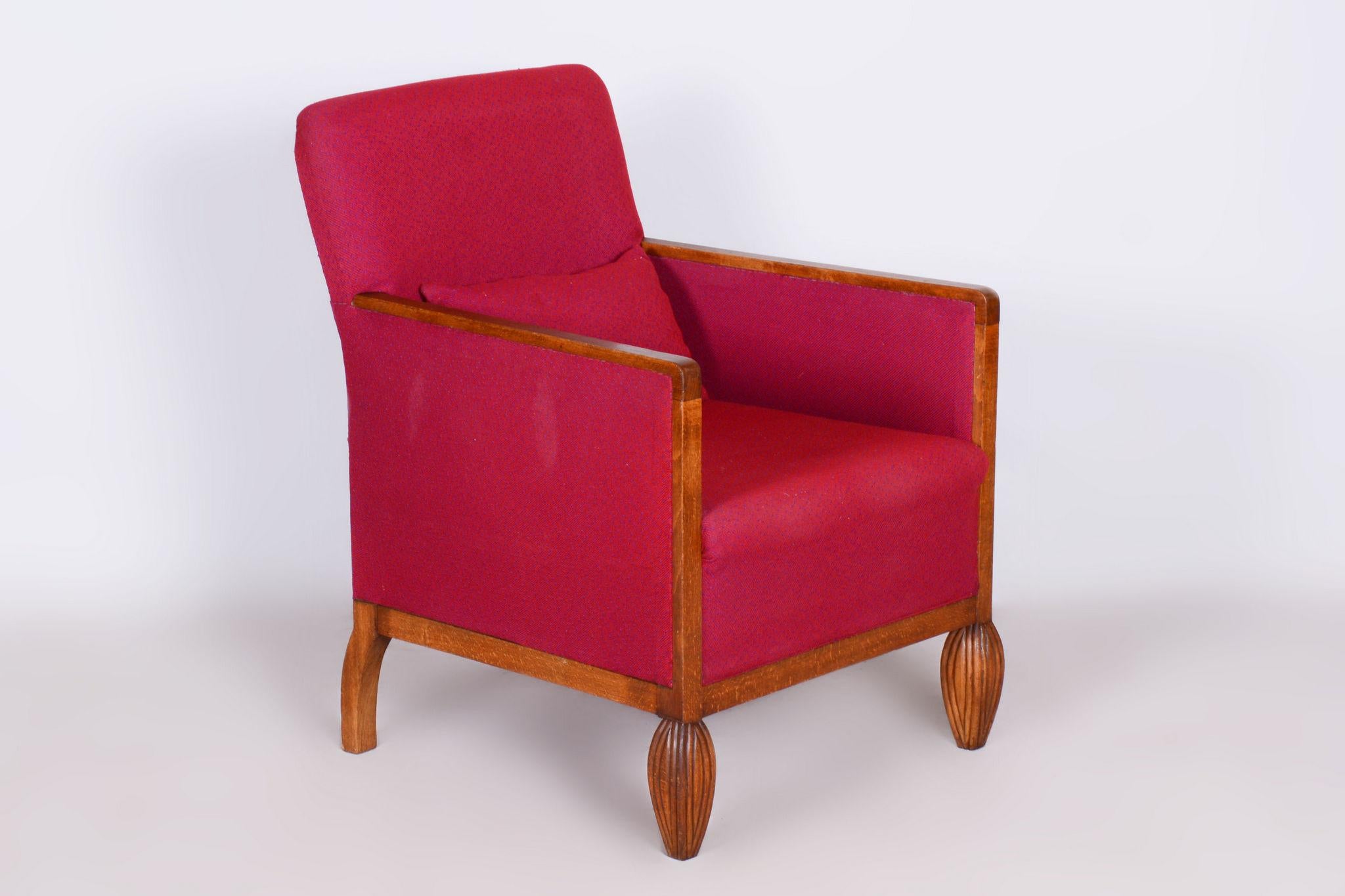 Restored Art Deco Armchair. 

Source: France
Period: 1930-1939
Material: Beech, Original upholstery

In pristine original condition, the upholstery has been professionally cleaned, and its polish revived by our refurbishing team in Czechia.