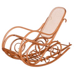Antique Restored Art Deco Rocking Chair with Footrest, by Thonet, Beech, Czech, 1920s