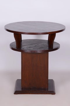 Restored Art Deco Round Small Table, Oak, Veneer, Czech, 1920s