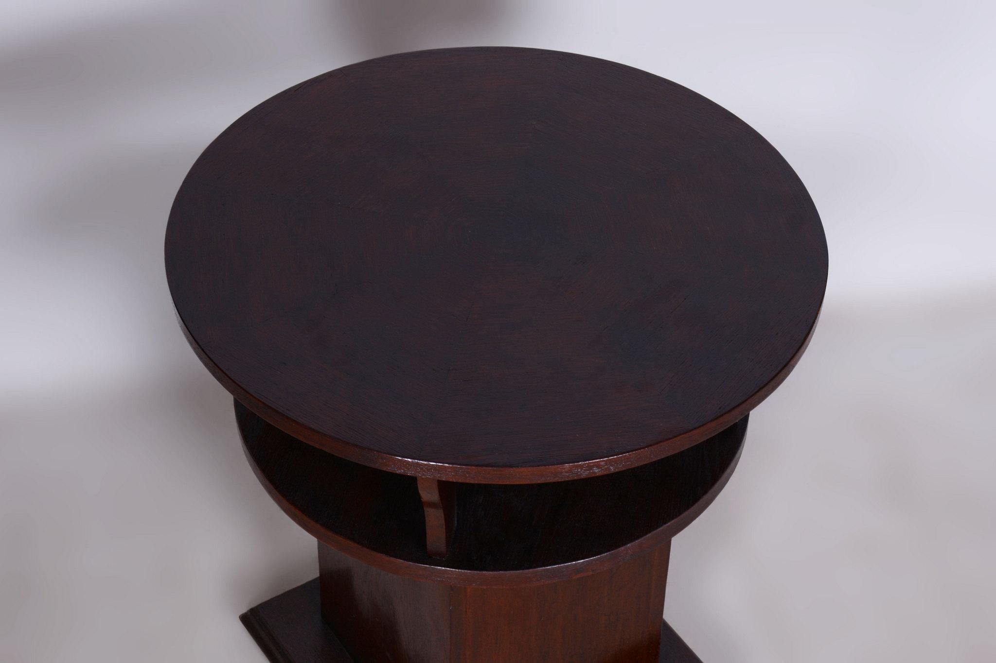 Wood Restored Art Deco Round Small Table, Oak, Veneer, Czech, 1920s For Sale