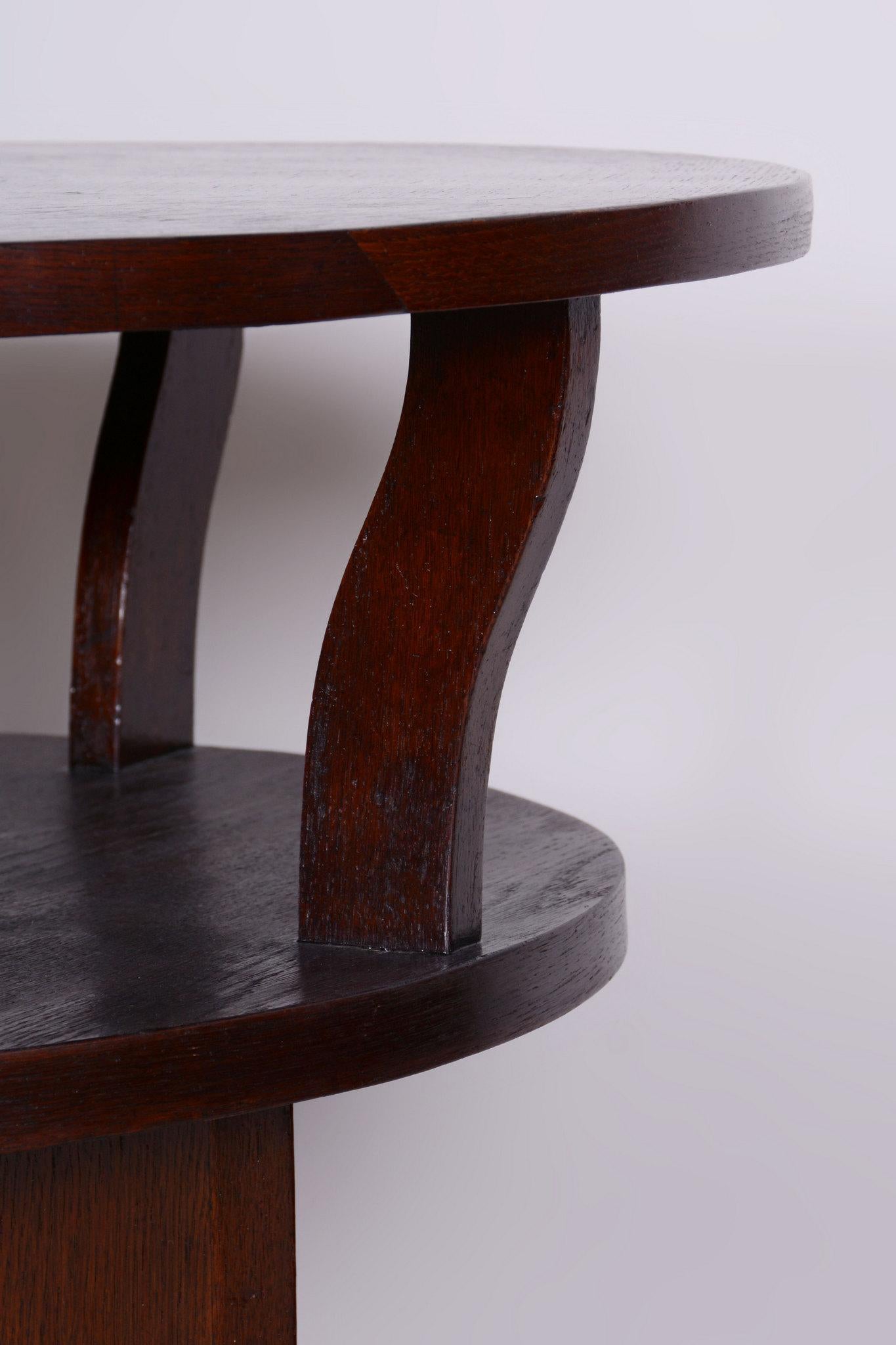 Restored Art Deco Round Small Table, Oak, Veneer, Czech, 1920s For Sale 2