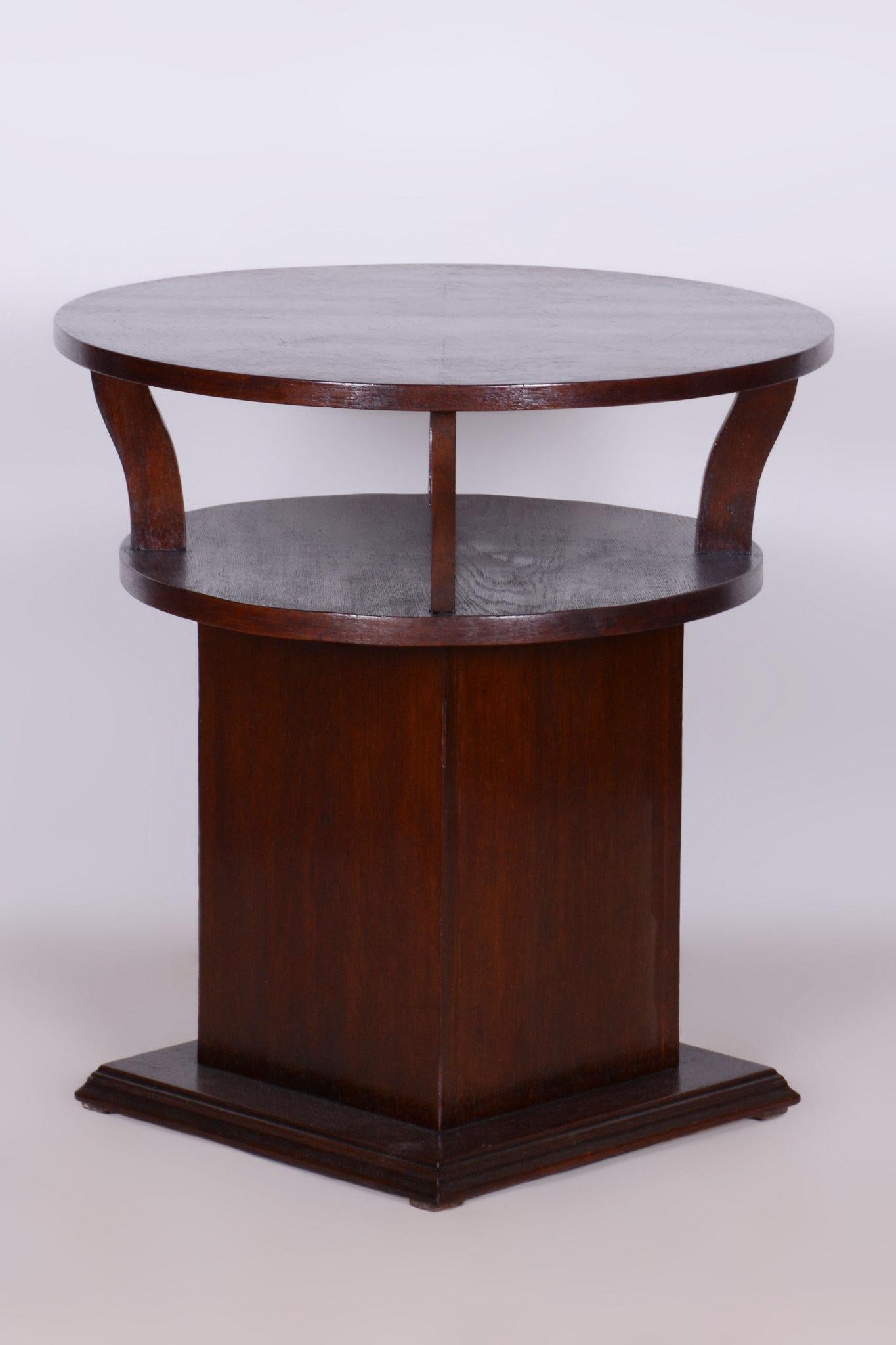 Restored Art Deco Round Small Table, Oak, Veneer, Czech, 1920s For Sale 4