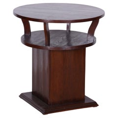 Restored Art Deco Round Small Table, Oak, Veneer, Czech, 1920s