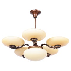 Restaurierter Art-Deco-Salon-Kronleuchter, Messing, Glas, neu verkabelt, tschechisch, 1920er Jahre