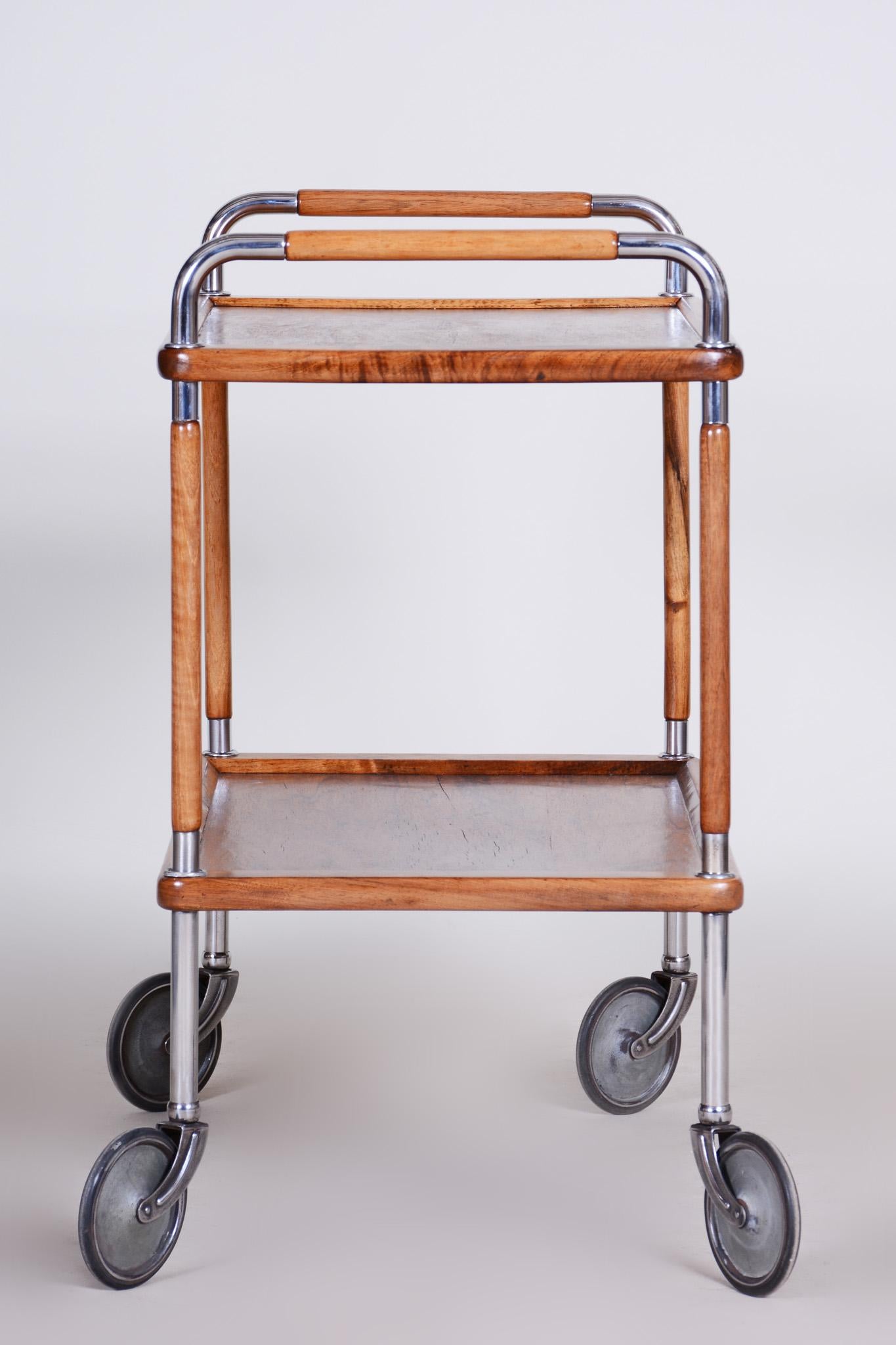 Restored Art Deco Serving Trolley Made in the 1930s by Thonet, Walnut and Steel For Sale 7