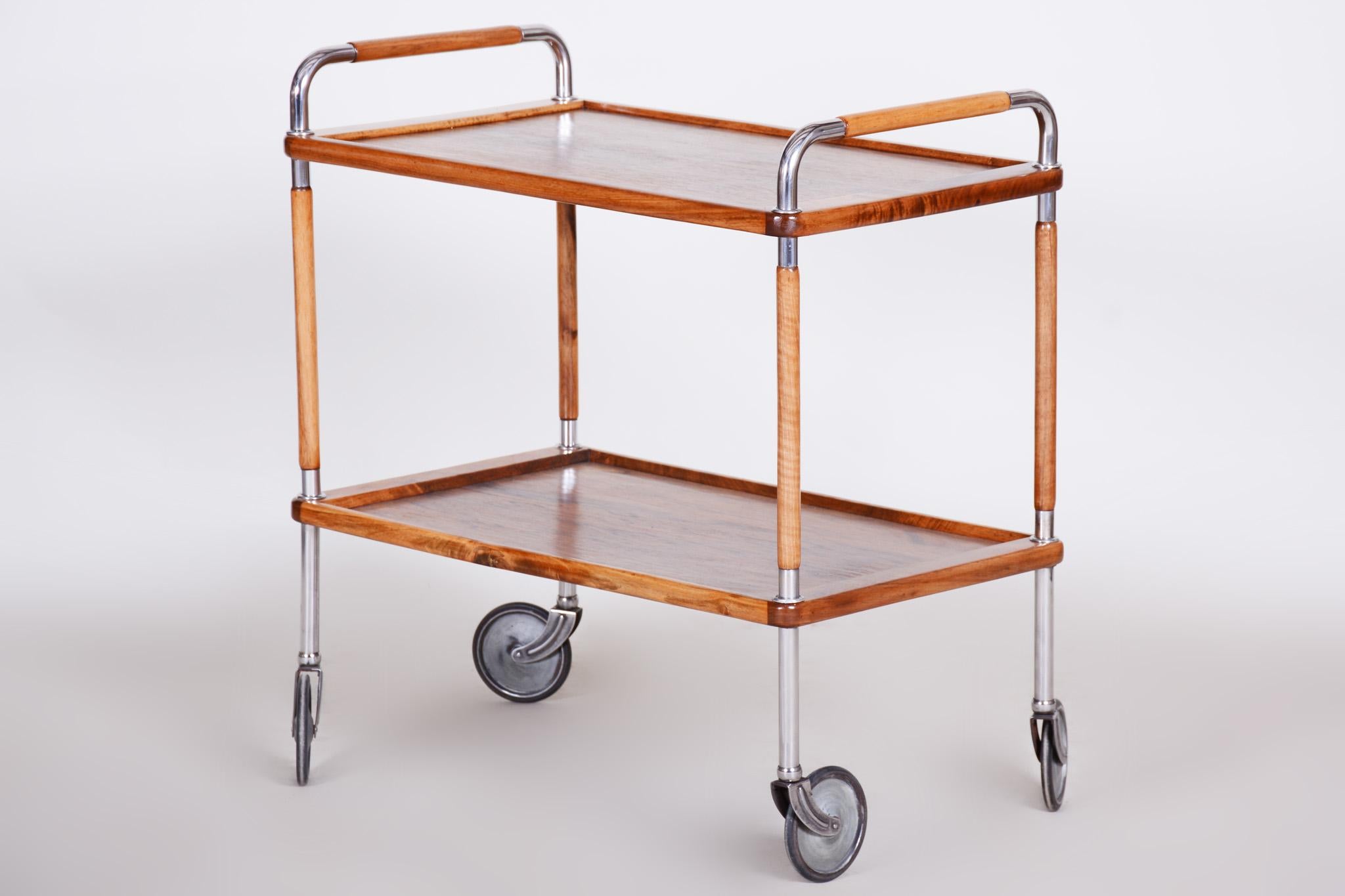 Mid-20th Century Restored Art Deco Serving Trolley Made in the 1930s by Thonet, Walnut and Steel For Sale