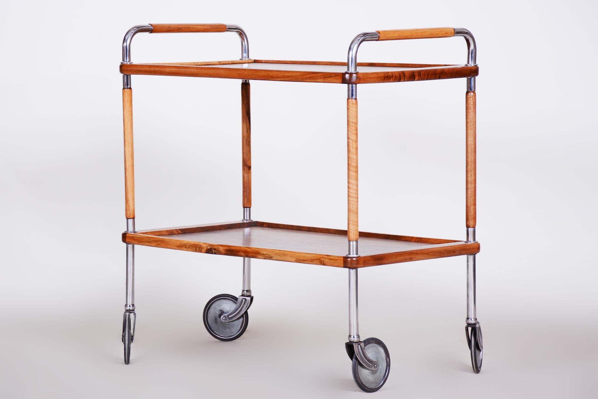 Chrome Restored Art Deco Serving Trolley Made in the 1930s by Thonet, Walnut and Steel For Sale
