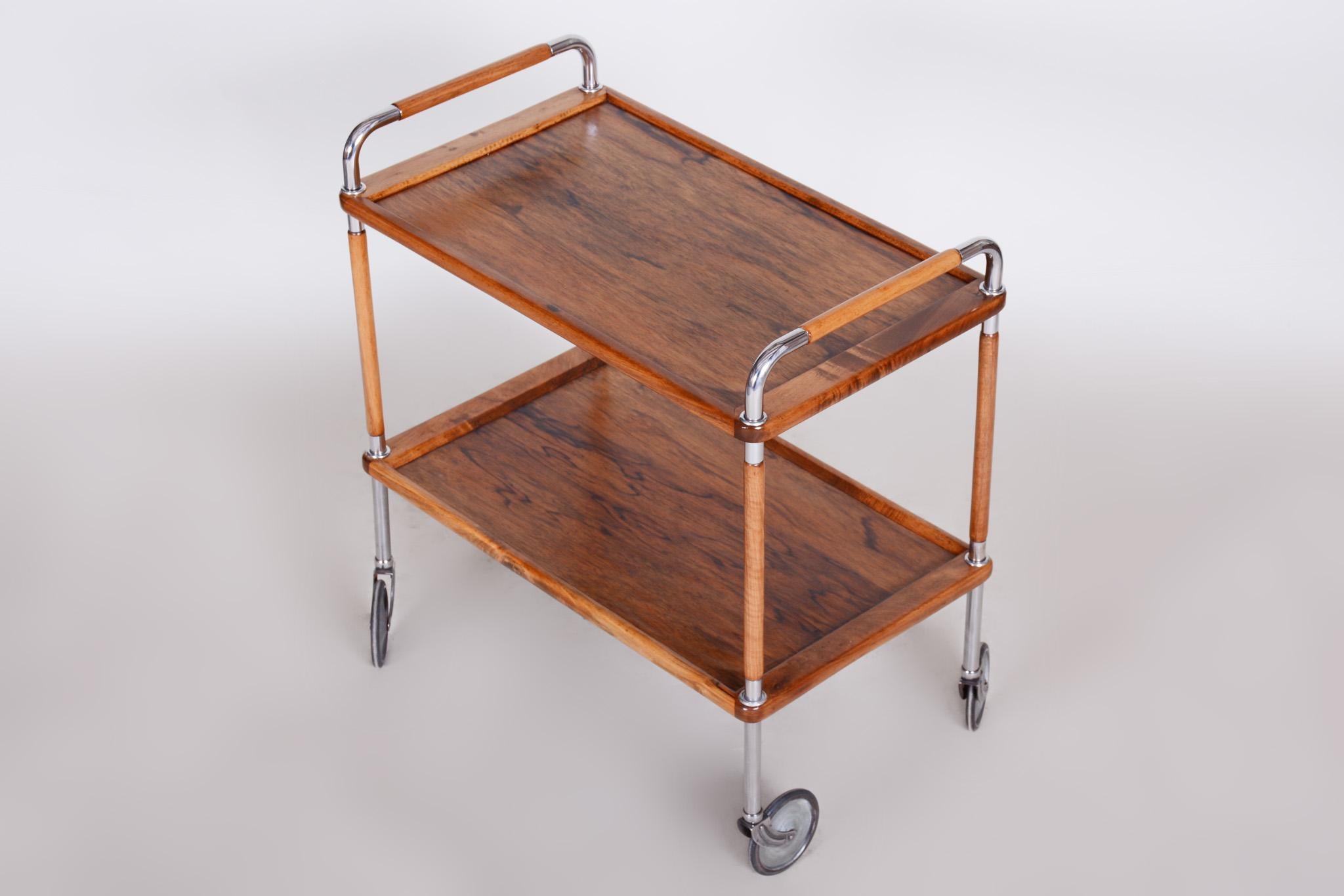 Restored Art Deco Serving Trolley Made in the 1930s by Thonet, Walnut and Steel For Sale 1