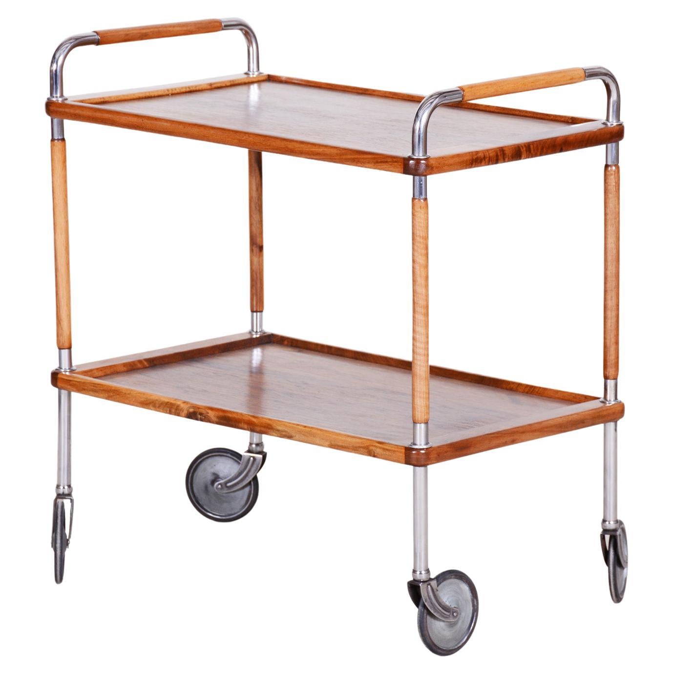 Restored Art Deco Serving Trolley Made in the 1930s by Thonet, Walnut and Steel For Sale
