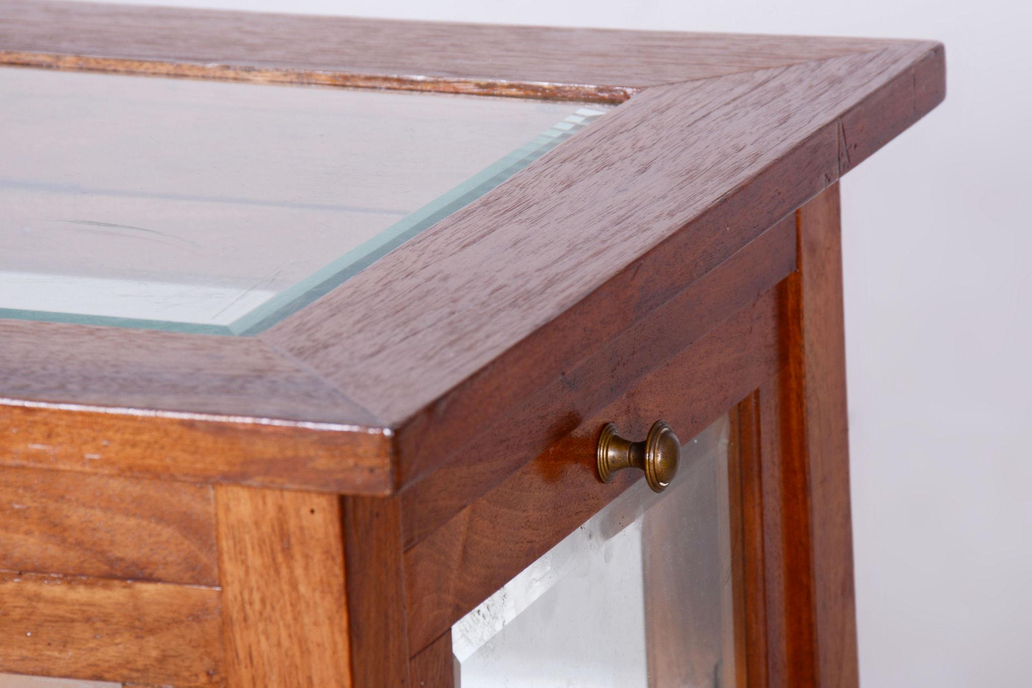 Wood Restored Art Deco Serving Trolley, Walnut, Faceted Glass, Czech, 1920s For Sale