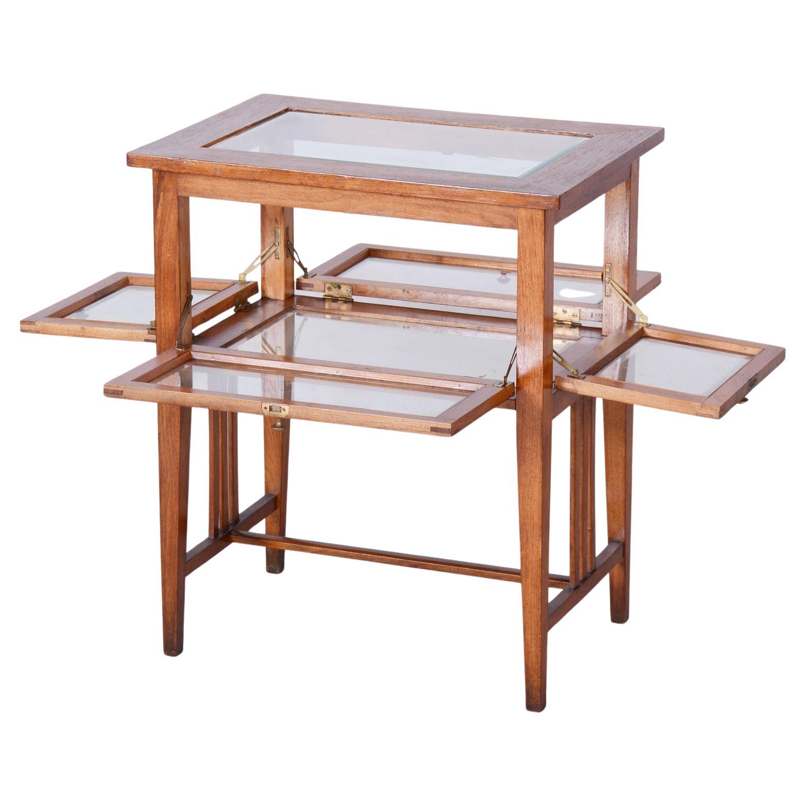 Restored Art Deco Serving Trolley, Walnut, Faceted Glass, Czech, 1920s