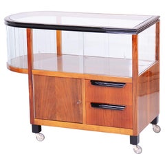 Antique Restored Art Deco Serving Trolley, Walnut, Glass, Repolished, Czech, 1920s