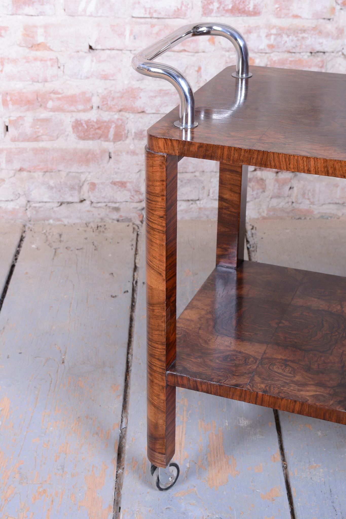 Wood Restored Art Deco Serving Trolley, Walnut, Repolished, Czech, 1920s For Sale
