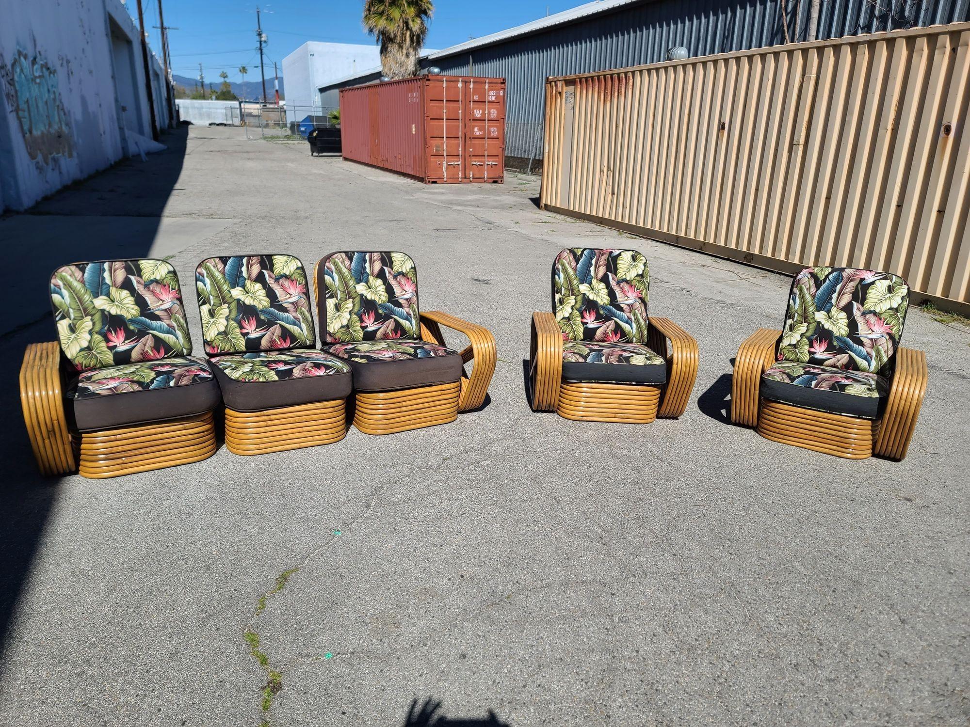 Restored Art Deco Six-Strand Rattan Sofa and Lounge Chair Pair Set In Excellent Condition For Sale In Van Nuys, CA