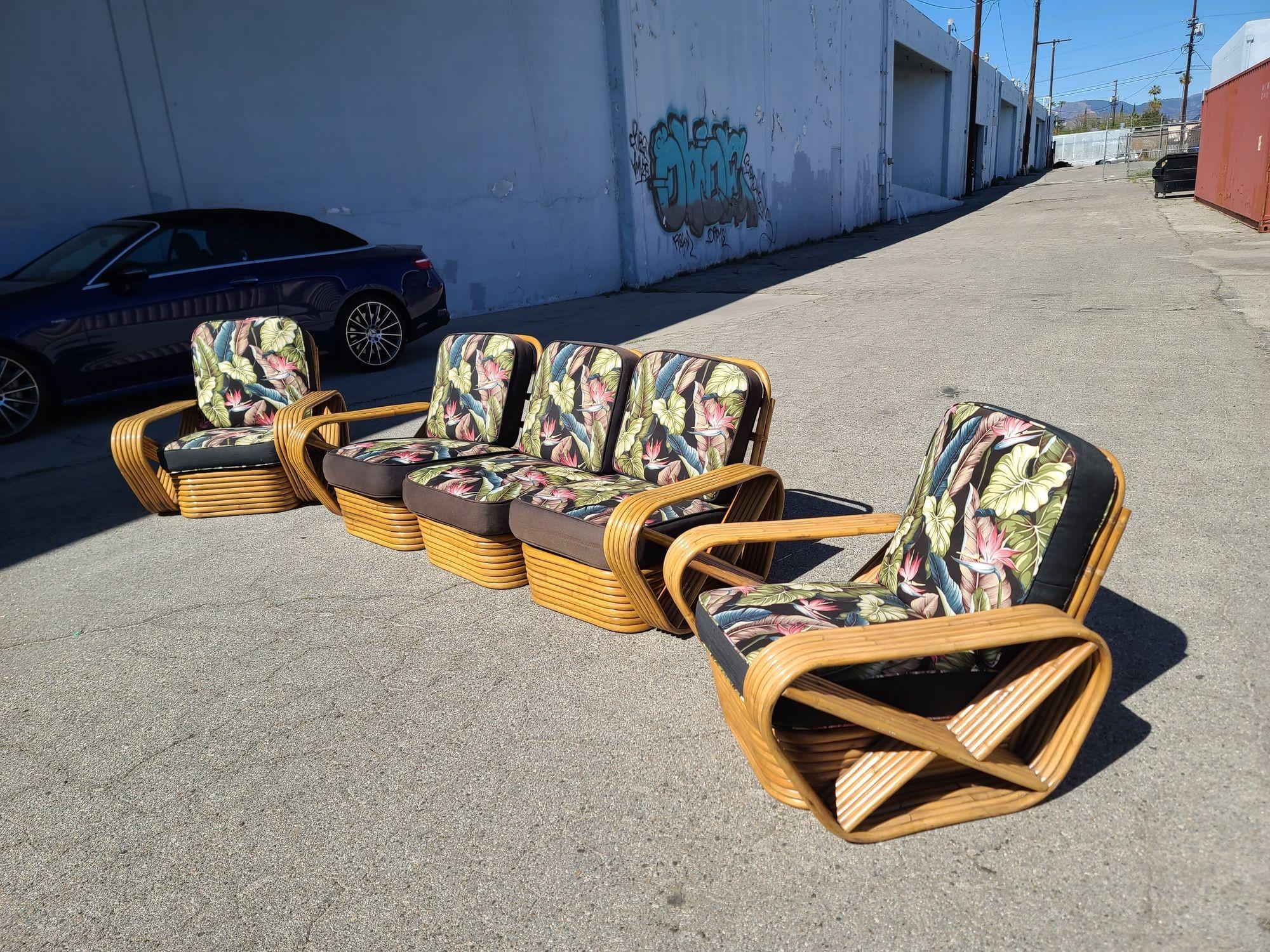 20th Century Restored Art Deco Six-Strand Rattan Sofa and Lounge Chair Pair Set For Sale