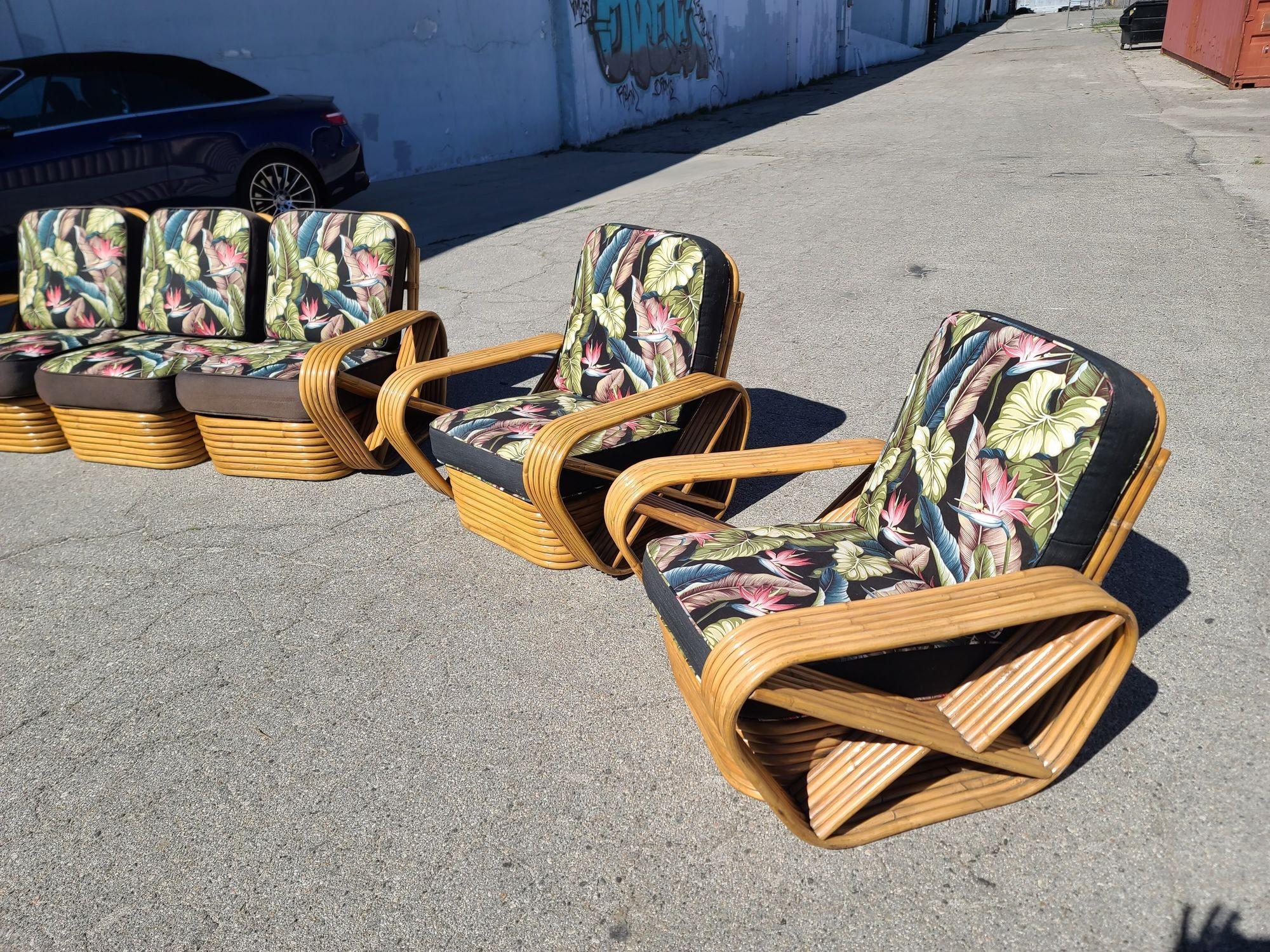 Restored Art Deco Six-Strand Rattan Sofa and Lounge Chair Pair Set For Sale 1