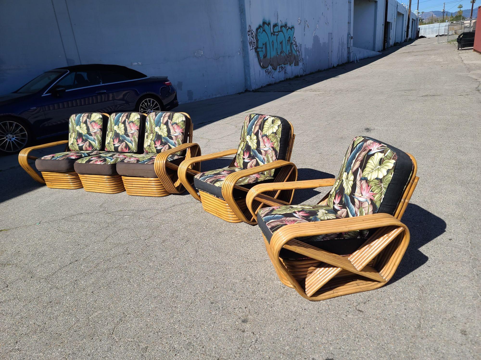 Restored Art Deco Six-Strand Rattan Sofa and Lounge Chair Pair Set For Sale 2