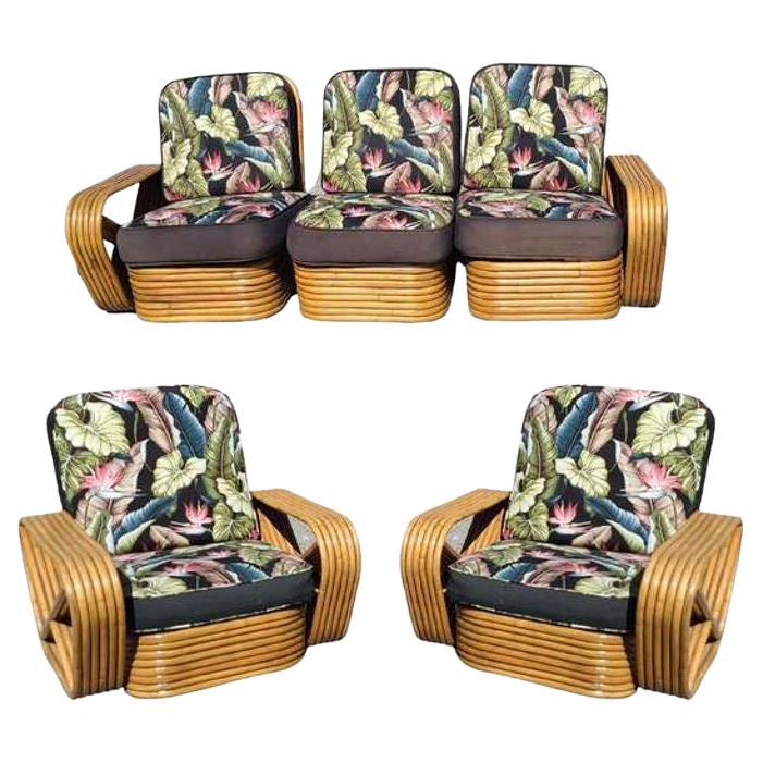 Restored Art Deco Six-Strand Rattan Sofa and Lounge Chair Pair Set
