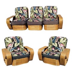 Used Restored Art Deco Six-Strand Rattan Sofa and Lounge Chair Pair Set