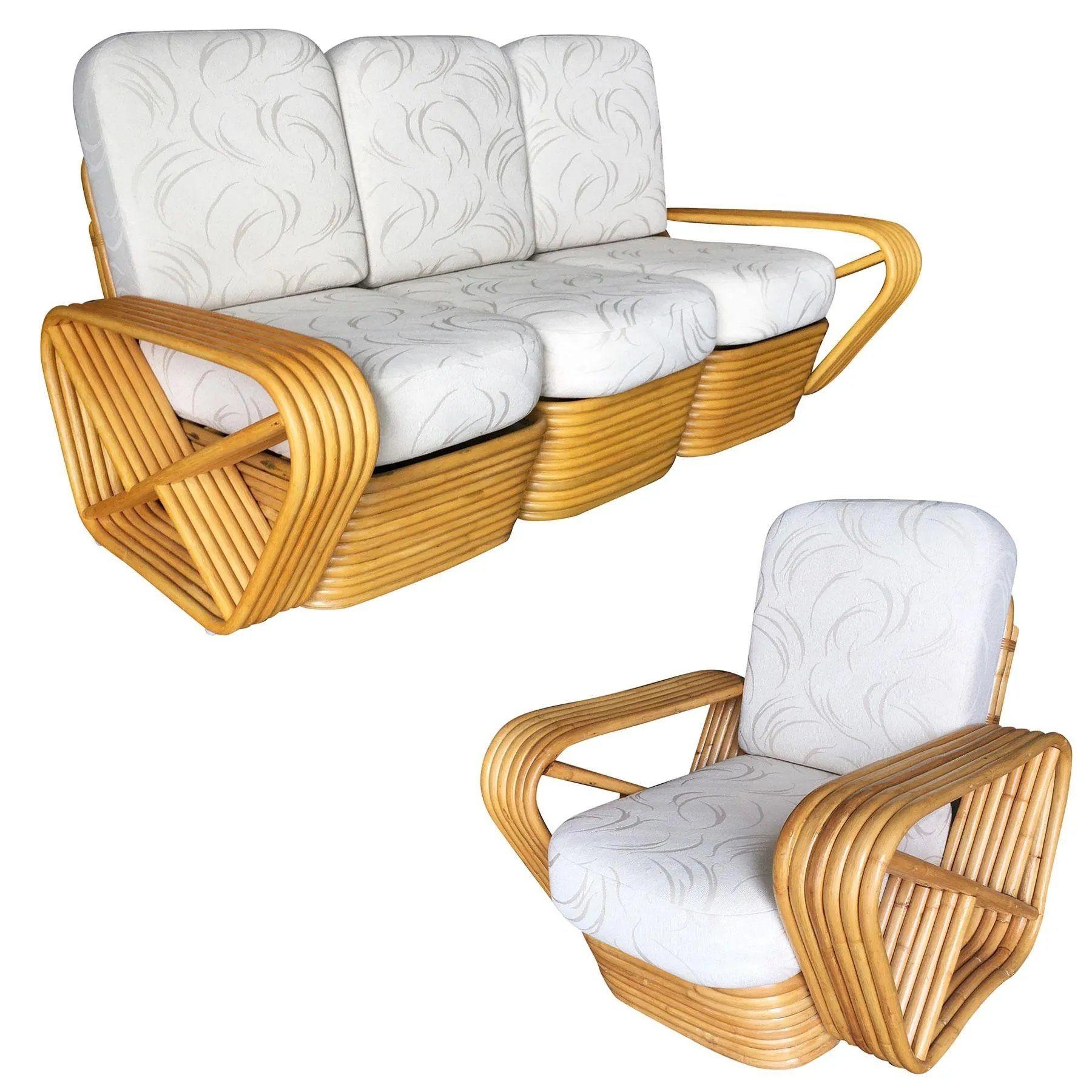 Art Deco Rattan living-room set including a matching sectional sofa and lounge chair. Both feature the famous six-strand square pretzel side arms and stacked rattan base originally designed by Paul Frankl. The seats are covered in palm leaf