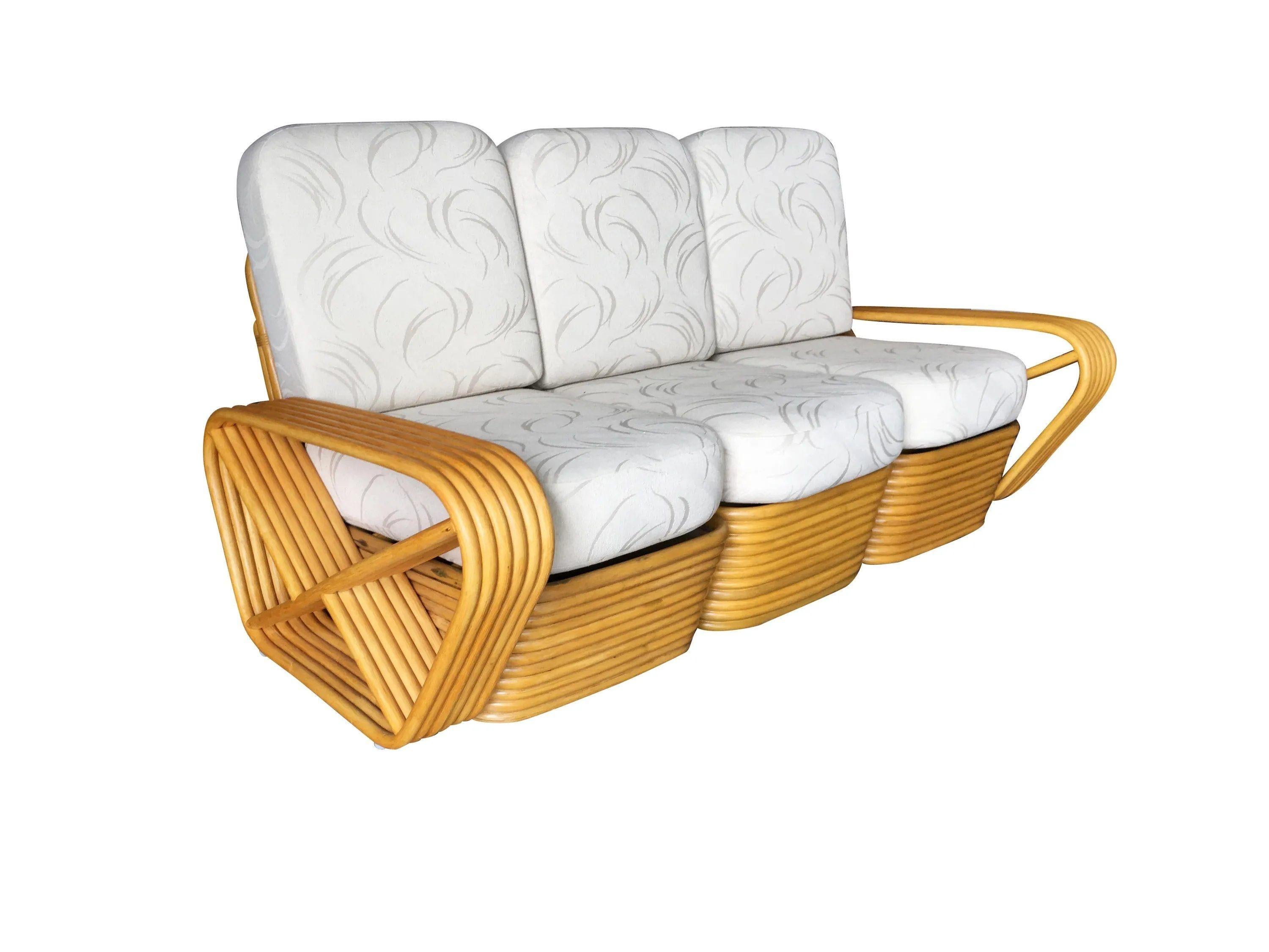 Restored Art Deco Six-Strand Rattan Sofa and Lounge Chair Set In Excellent Condition In Van Nuys, CA