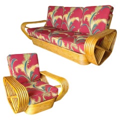 Restored Art Deco Six-Strand Rattan Sofa and Lounge Chair Set