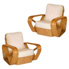 Restored Art Deco Six Strand Square Pretzel Stacked Rattan Lounge Chair, Pair