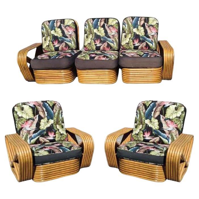 Restored Art Deco Six-Strand Stacked Rattan Sofa and Lounge ChairLiving Room set For Sale