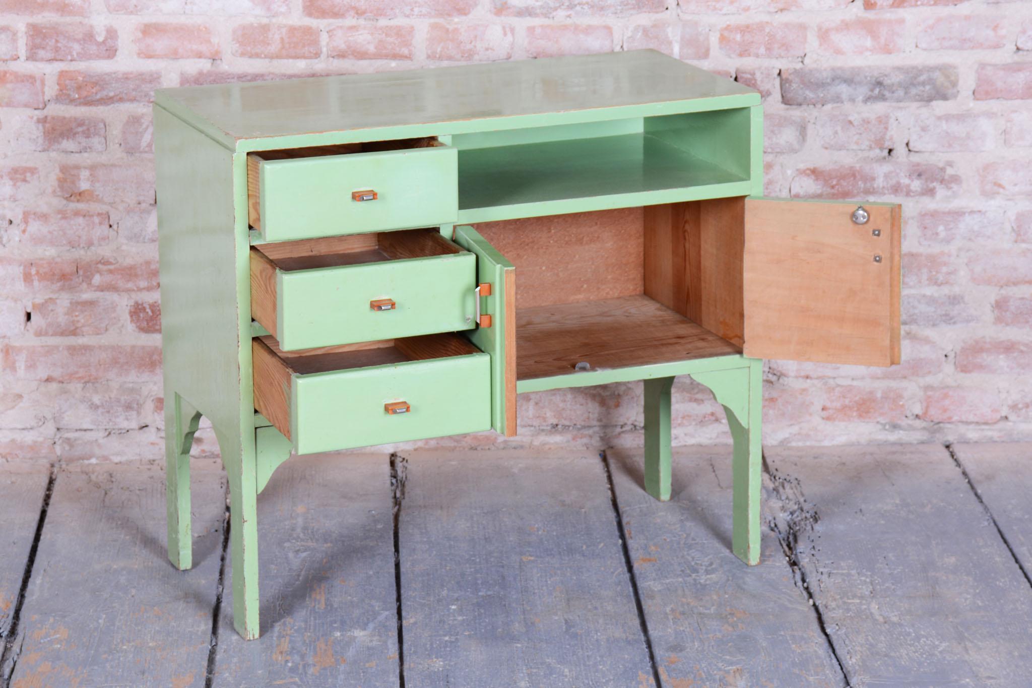 Wood Restored Art Deco Small Cabinet, Spruce, Paint, Revived Polish, Czech, 1920s For Sale