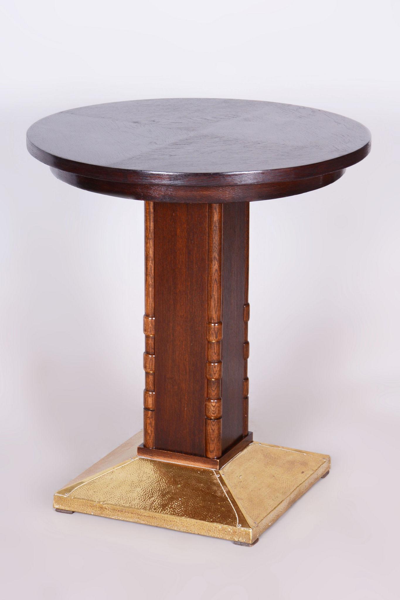 Restored Art Deco Small Table, Oak, Brass, Revived Polish, Czechia, 1920s For Sale 6