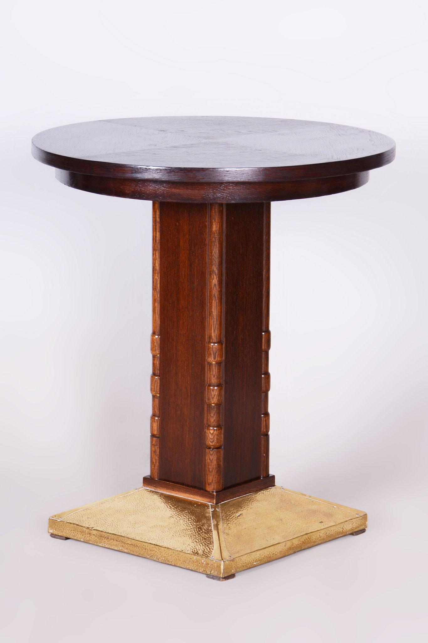 Restored Art Deco Small Table, Oak, Brass, Revived Polish, Czechia, 1920s For Sale 7