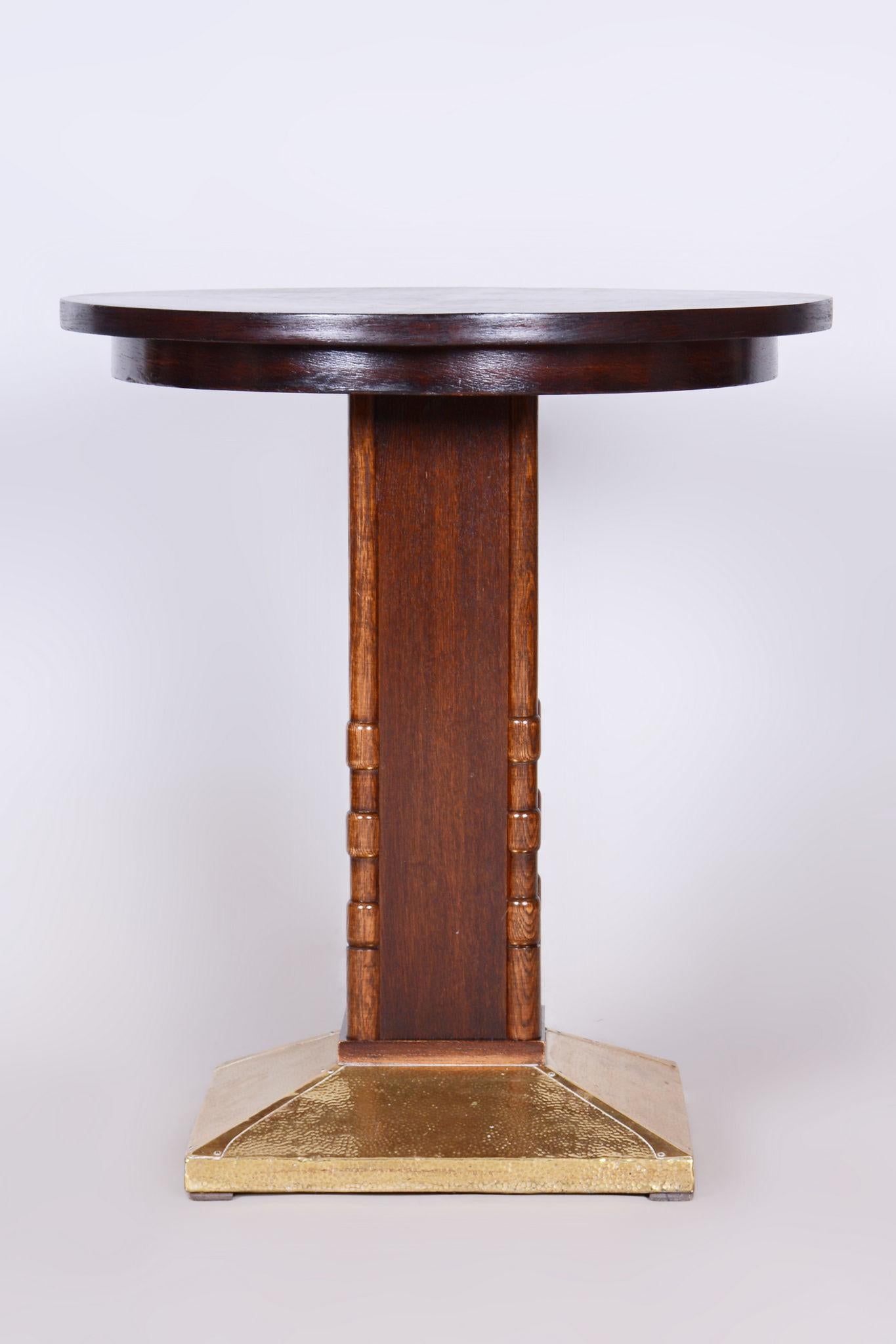 Restored Art Deco Small Table, Oak, Brass, Revived Polish, Czechia, 1920s In Good Condition For Sale In Horomerice, CZ