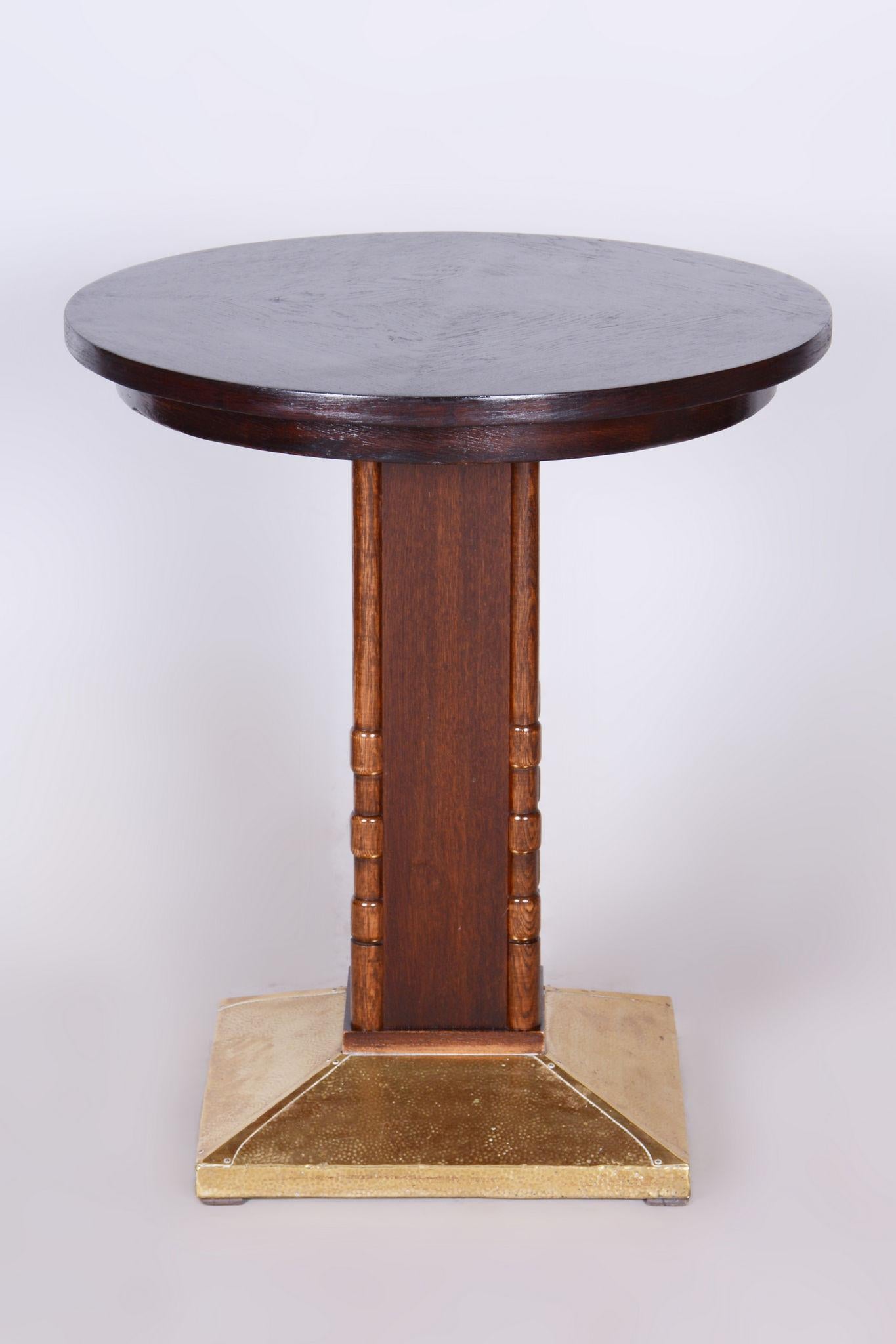 Early 20th Century Restored Art Deco Small Table, Oak, Brass, Revived Polish, Czechia, 1920s For Sale