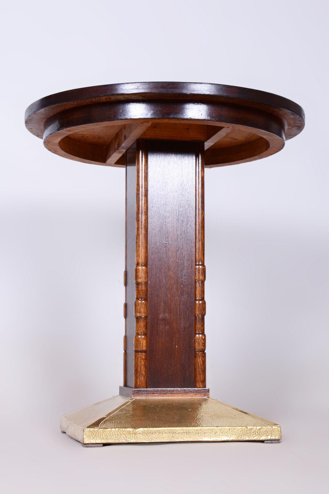 Restored Art Deco Small Table, Oak, Brass, Revived Polish, Czechia, 1920s For Sale 1
