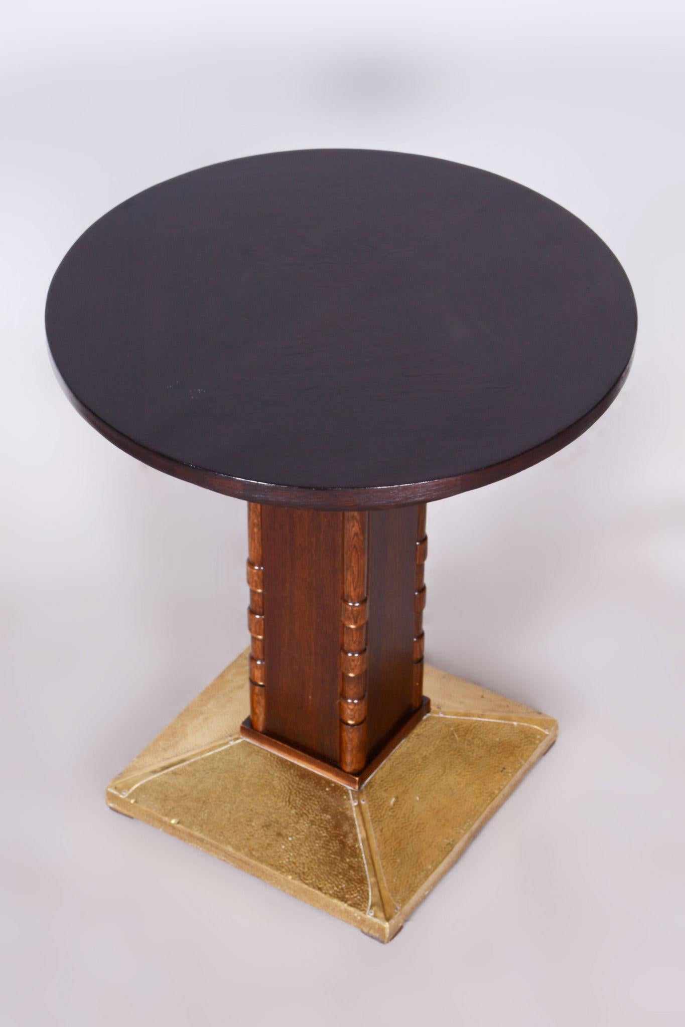 Restored Art Deco Small Table, Oak, Brass, Revived Polish, Czechia, 1920s For Sale 4