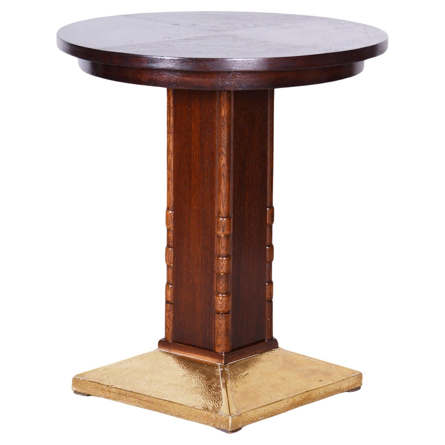 Restored Art Deco Small Table, Oak, Brass, Revived Polish, Czechia, 1920s For Sale