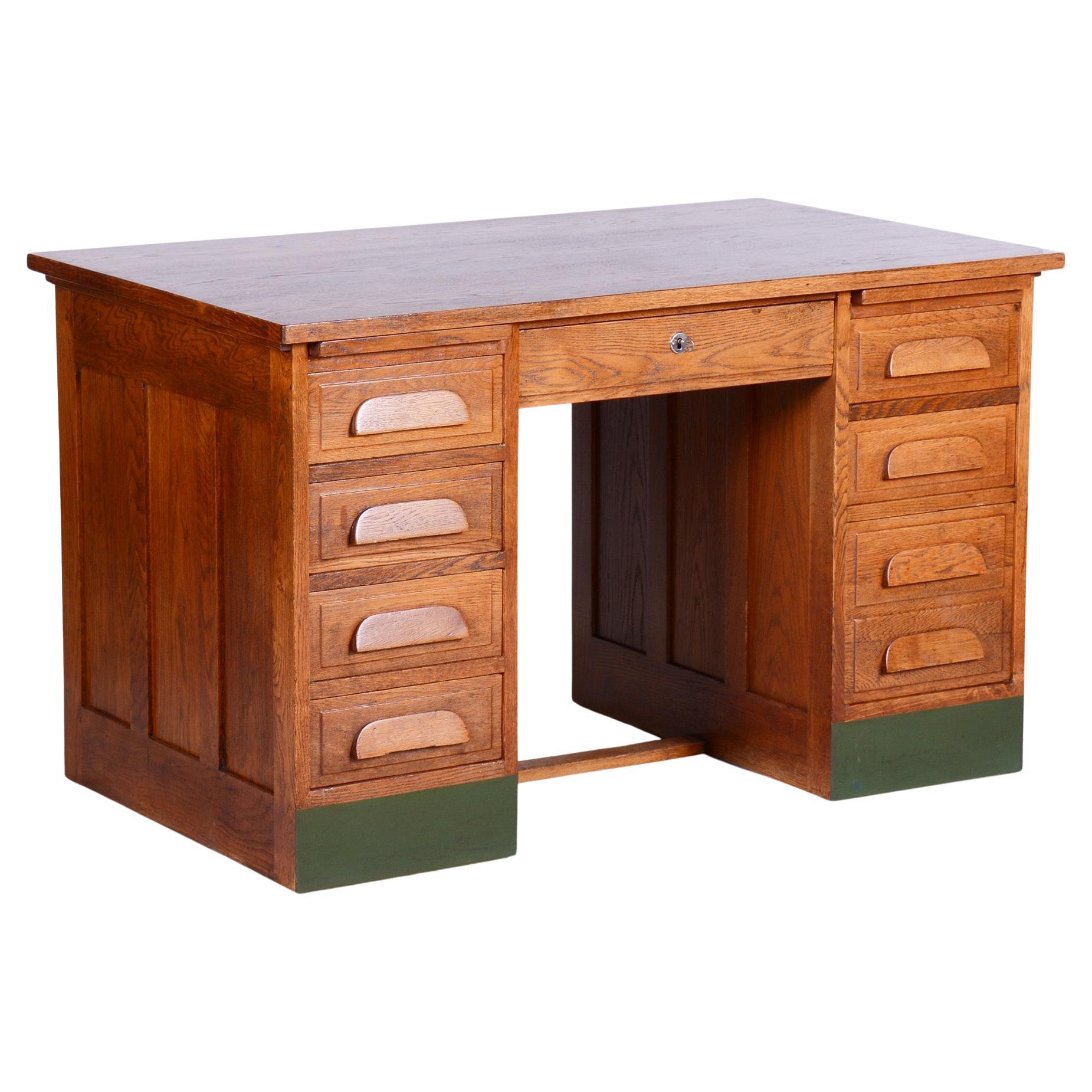 Restored Art Deco Solid Oak Writing Desk Made in the 1930s, Czechia For Sale