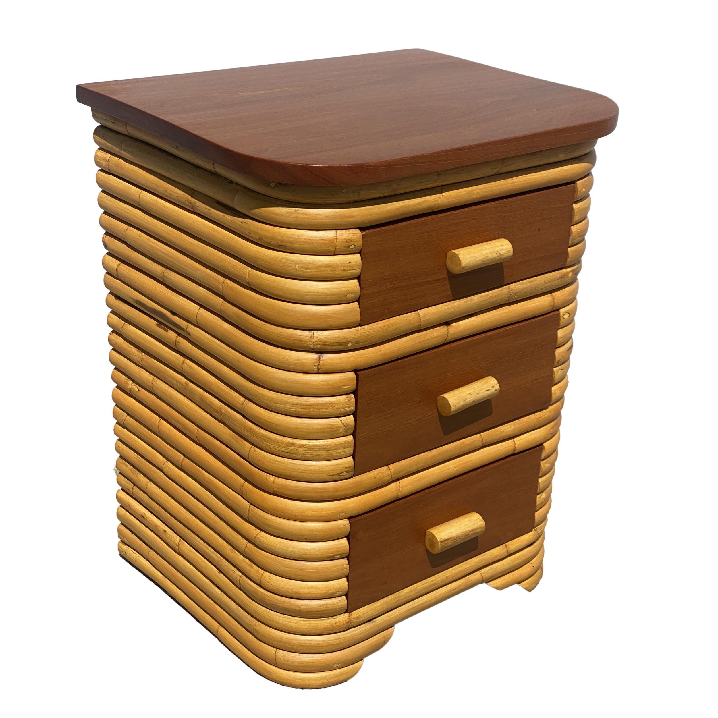Pair of vintage Art Deco stacked rattan bedside table with mahogany top with 3 drawers. 

Restored to new for you. 

All rattan, bamboo and wicker furniture has been painstakingly refurbished to the highest standards with the best materials. All