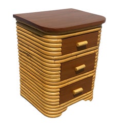 Restored Art Deco Stacked Rattan Bedside Table with Mahogany Top, Pair
