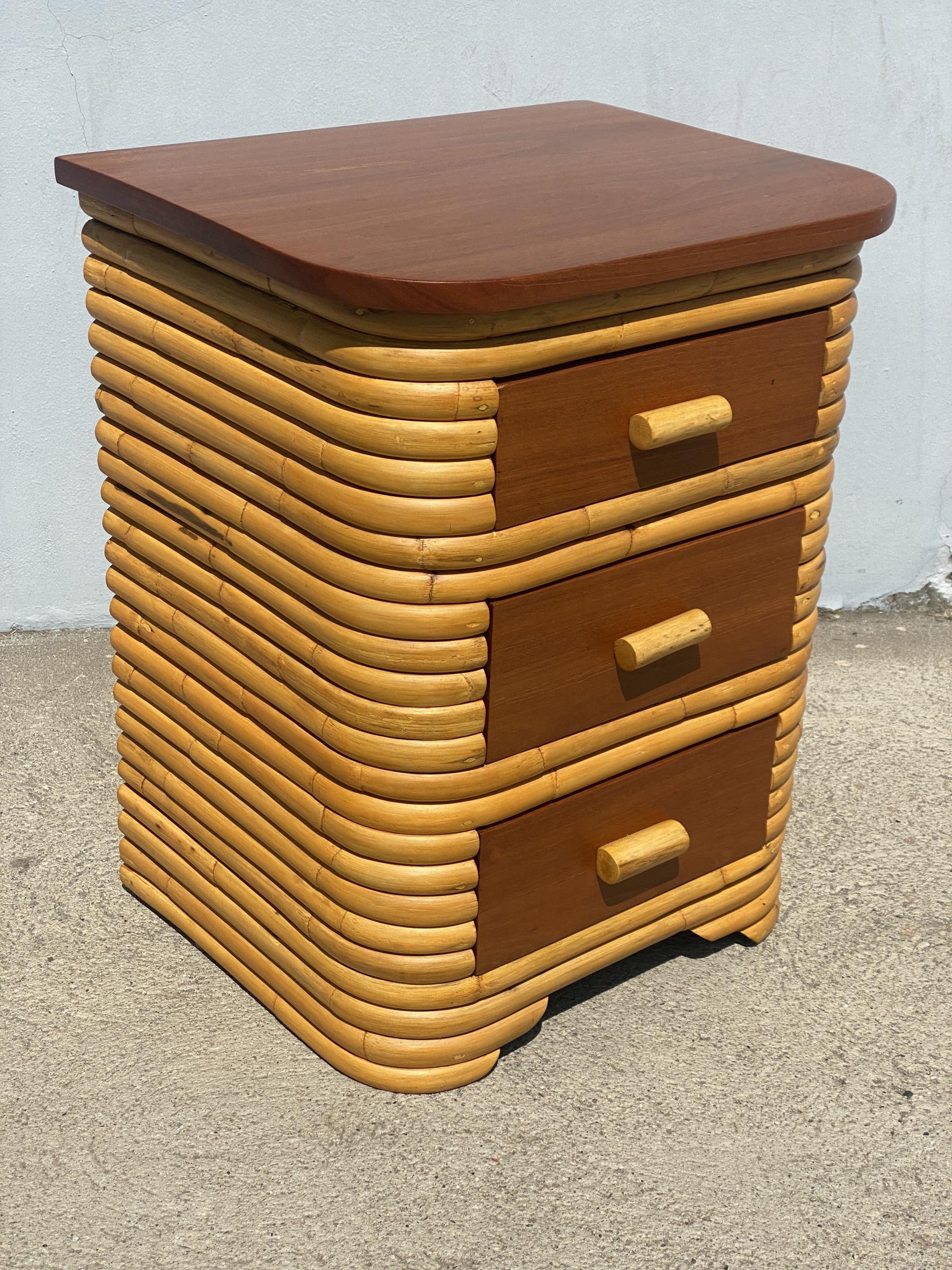 American Restored Art Deco Stacked Rattan Bedside Table with Mahogany Top, Pair