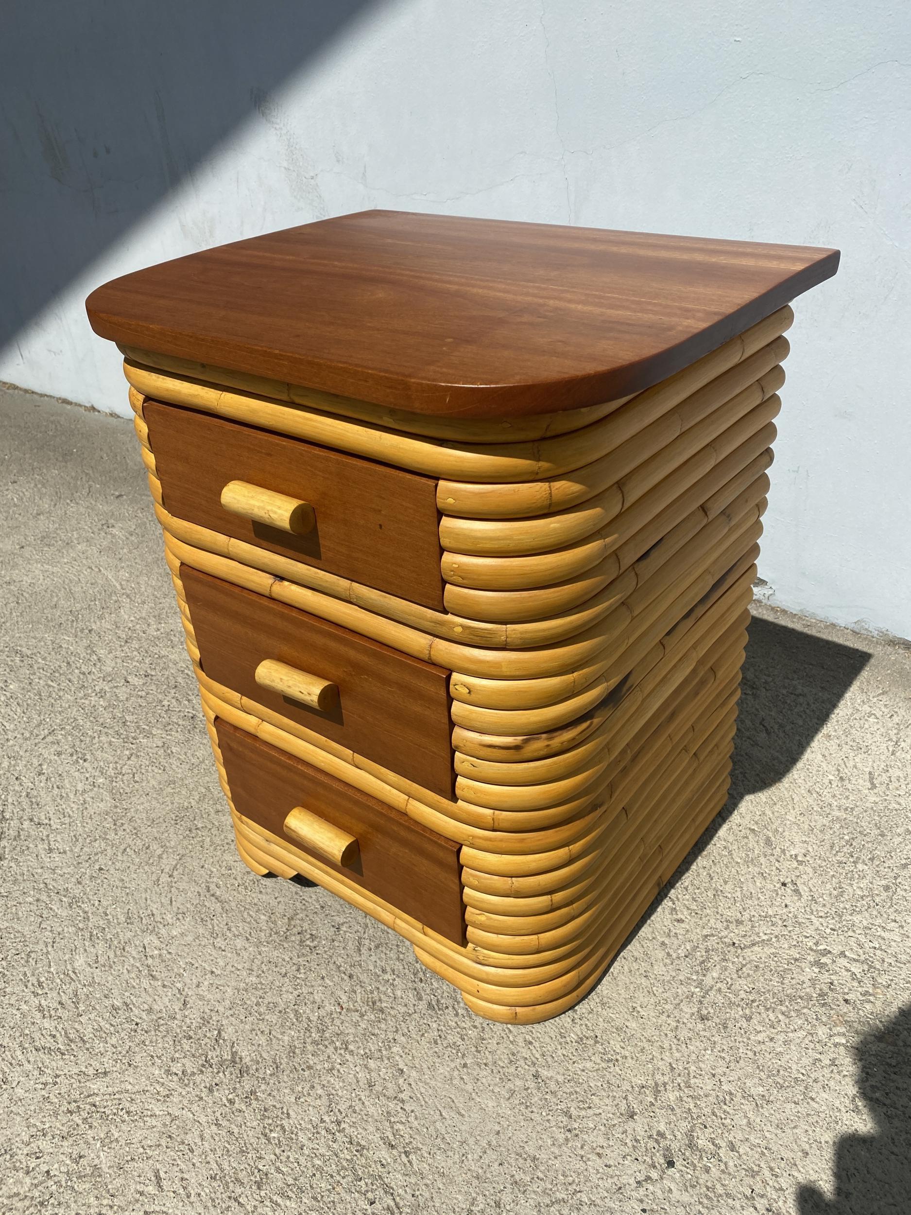 Mid-20th Century Restored Art Deco Stacked Rattan Bedside Table with Mahogany Top, Pair