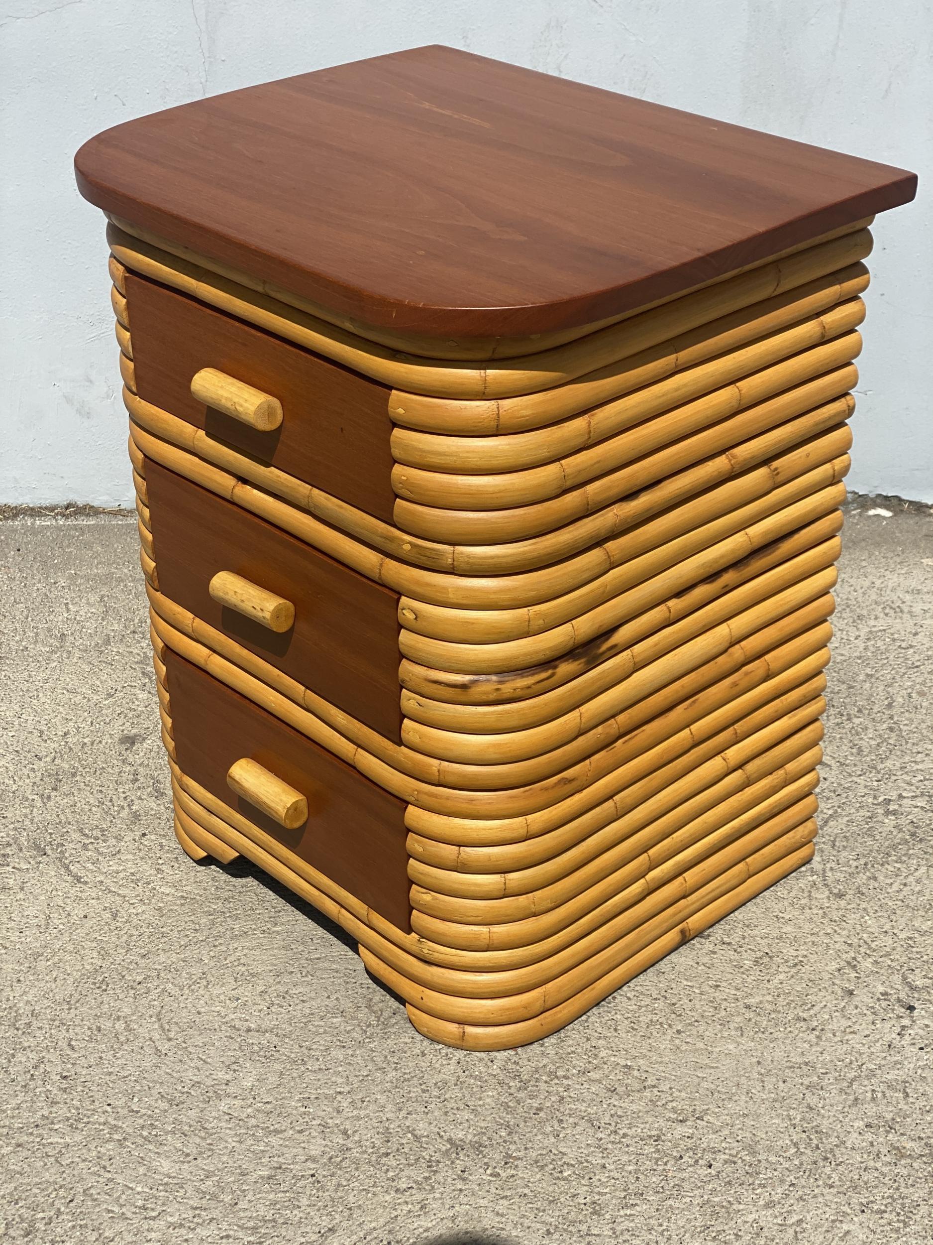 Restored Art Deco Stacked Rattan Bedside Table with Mahogany Top, Pair 1